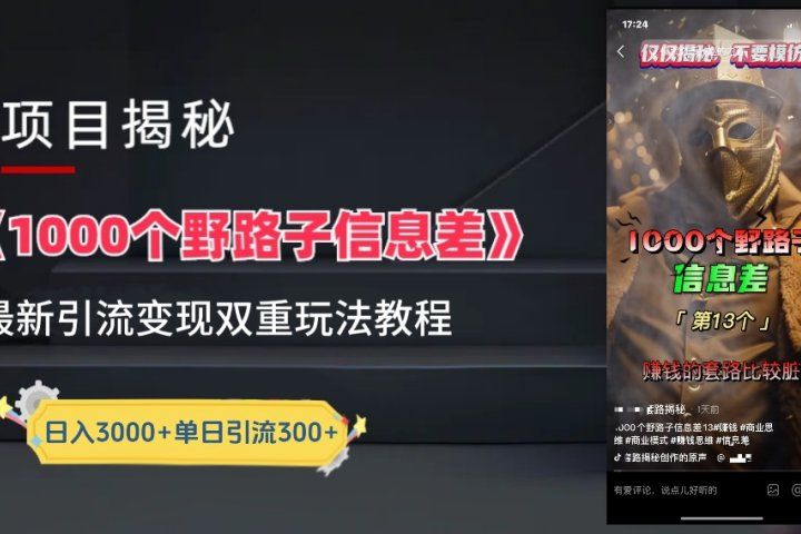 抖音最新一千个野路子玩法教程，变现+引流双重玩法，野路子信息差青柠创客-网创项目资源站-副业项目-创业项目-搞钱项目青柠创客