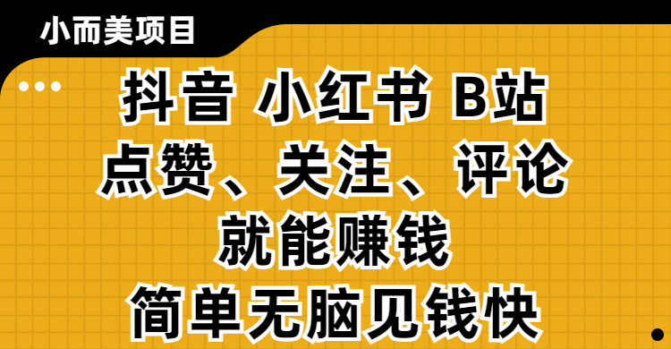 小而美的项目，抖音、小红书、B站视频点赞、关注、评论就能赚钱，简单无脑立见收益！妥妥的零撸项目青柠创客-网创项目资源站-副业项目-创业项目-搞钱项目青柠创客